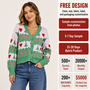 Cardigan natalizio da <span class=keywords><strong>donna</strong></span> in maglia jacquard con scollo a V, motivo a bastoncino di zucchero, albero e cuore, a maniche lunghe, corto, per le feste - Product Image 4