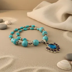 Collier Pendentif Perle Turquoise Art Palace pour Femme, Style Bohème, Plaqué Argent 925, Goutte d'Eau Solitaire, Bijou Quotidien - Product Image 2