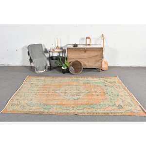 Tapis Patchwork Vintage Vert Orange 5.1 X 8.3ft fait à la main Style Tabriz Turc Laine Viscose Matériel avec support en Latex pour les adolescents - Product Image 1