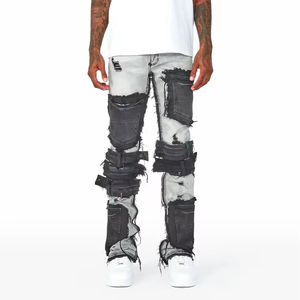 Pantalones vaqueros blancos y negros desgastados personalizados de alta calidad para hombre, pantalones de pierna ancha rasgados elásticos transpirables, ajuste Regular lavado - Product Image 4