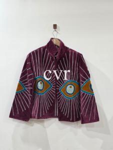 Abrigo de Terciopelo Bordado a Mano con Cuello Mandarín, Talla Grande, Ropa Exterior Bohemia para Mujer, Manga Larga, Patrón Geométrico, Ropa de Otoño - Product Image 1