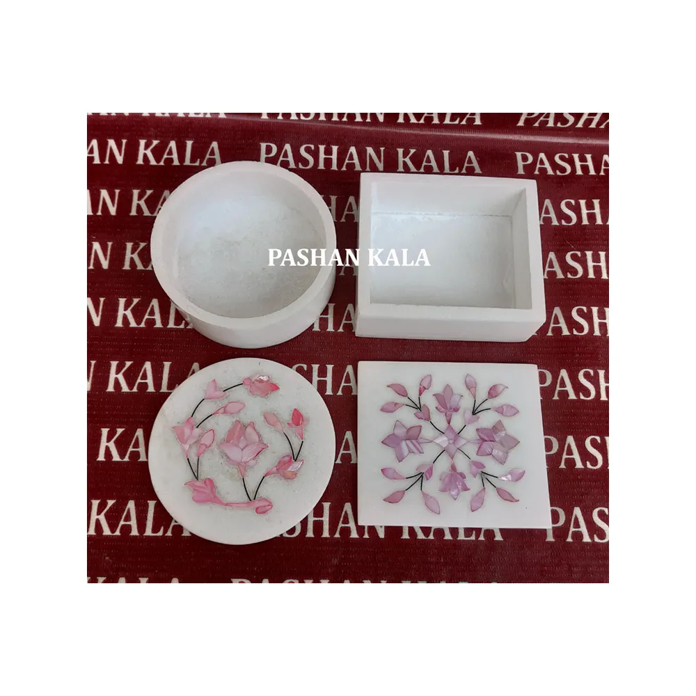 Wholesaler And Exporter For New Product Ideas 2023 Of Handmade Fine Polished White Marble Pink Inlay Mother Of Pearl Jewelry Box