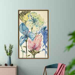 Impresión artística en lienzo floral azul y amarillo: decoración botánica Cottagecore, lienzo con marco dorado - Product Image 1