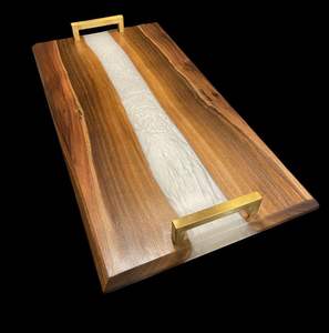 Solid <b>Walnut</b> Wood White Epoxy Resin Handcrafted Multi-Purpose River Serving Tray Golden Square Handles Luxury Charcuterie Board - Product Image 1