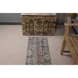 Alfombra Turca Vintage de Lana Ecológica de 1.5x3.4 pies, Diseño de Parches Azul y Marrón con Base de Látex - Product Image 4