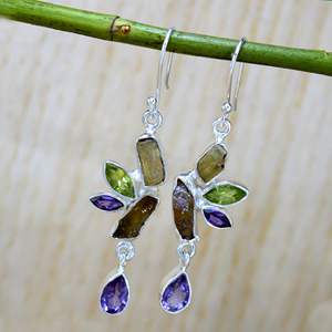 Pendientes de Plata de Ley 925 con Turmalina en Bruto y Piedras Preciosas de Varias Formas, Joyería de Plata al por Mayor - Product Image 1