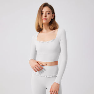 Top de entrenamiento de encaje ligero personalizable 2025 para mujer, traje de Yoga corto de manga larga para gimnasio, ajustado, respetuoso con el medio ambiente para el verano - Product Image 5