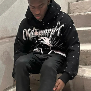 Custom Oversized Heavyweight Vintage Stone Wash Applique Embroidery Patch Distressed Rhinestone Boxy Zip up Hoodie for <b>Men</b> - Product Image 5