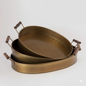 Set of 3 Copper Antique Galvanized Metal Oval Serving <b>Tray</b> With Wood Handle for Home and Hotel Drinks & <b>Snacks</b> Serving <b>Tray</b> - Product Image 2