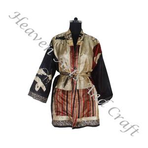 KS008 Kimono en soie de Bohème Vintage Sari Robe courte-Vêtements de plage d'été Bikini Silk Cover Up-Vente en gros de Sari en soie Vintage Sari - Product Image 2