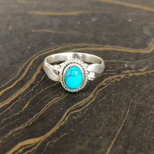Bohemian Handcrafted Silver 925 <b>Ring</b> Featuring Blue Oval <b>Turquoise</b> Stone - Antique Style Everyday Stacking Jewelry - Product Image 1