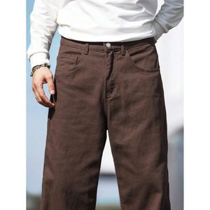 Jean en denim marron pour homme, coupe droite, jambe large, ample, en tissu respirant et écologique, délavé vintage, style streetwear, taille unique - Product Image 3