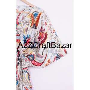 Vestido Kaftan Corto de Algodón Puro Hecho a Mano para Mujer, Estilo Bohemio con Estampado Floral, Ropa de Playa, Suave, Transpirable y Cómodo para el Verano - Product Image 4