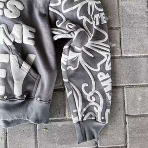 Custom Streetwear Boxy <b>Cropped</b> <b>Zip</b> <b>up</b> Rhinestone Hoodies Cotton Acid Wash Vintage Heavyweight 500gsm Puff Print Hoodie for Men - Product Image 5
