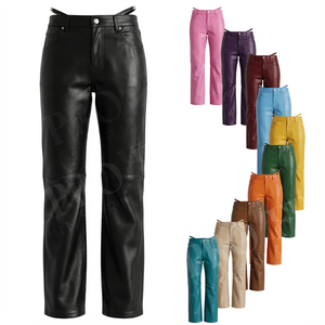 Pantalons en cuir de veau pour femmes, nouvelle collection 2026, taille basse, détails de sangles, plaque de logo en cristal, jambe droite, pantalon en cuir à panneaux - Product Image 1