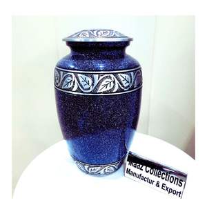 Urna de cremación de Metal de estilo americano azul hecha a mano, diseño de hoja de plata, tarro de recuerdo de cenizas funerarias decorativas, exportador fabricado - Product Image 2