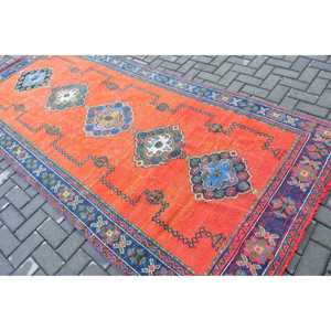 พรมตุรกีโบราณ ขนาด 4.6x10.3 ฟุต พรมลายดอกไม้สีแดงน้ำเงิน - Product Image 4