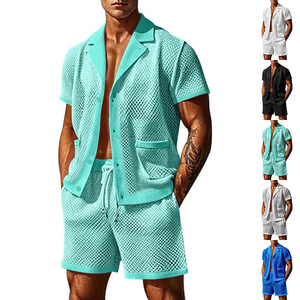 Conjunto de pantalones cortos de manga corta para hombre, novedad de verano al por mayor, con tejido con agujeros, cuello informal, conjunto de estilo fino para hombre de verano - Product Image 5