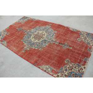 4.7x8.5 ft Area Turkish Rug, Vintage Rug, <b>Red</b> Blue Striped <b>Wool</b> Rug - Product Image 4