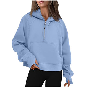 Gsm 60% algodón 40% poliéster mujeres Crop Top sudaderas con capucha polar algodón pulóver media cremallera sudaderas lisas sudaderas con capucha - Product Image 2