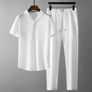 Costumes d'été pour hommes 2 pièces Tops à manches courtes + pantalons longs Couleur unie Polo Col à revers Bouton Taille élastique Pantalon Tracksuit - Product Image 5