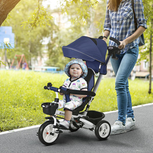 HOMCOM Cochecito Triciclo para Niños con Asa, Parasol Ajustable y Cinturón de Seguridad, Azul Oscuro - Product Image 2