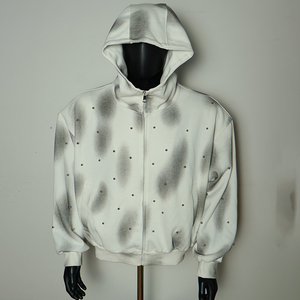 OEM Custom 100% Cotton Lined Fleece Full <b>Zip</b> Hoodie with Distress Acid Wash and Rhinestones - Product Image 1