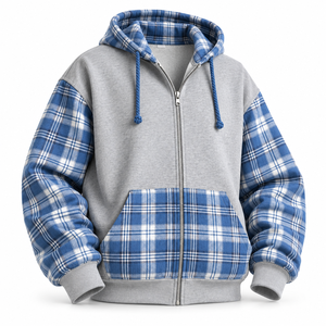 Sweat à capuche streetwear surdimensionné en polaire épaisse à carreaux et patchwork pour homme, personnalisable avec logo OEM - Product Image 1