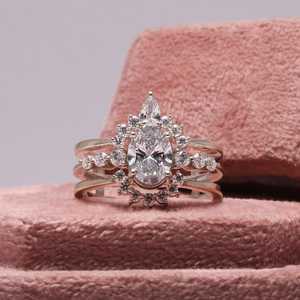 Oval Cut Lab Diamond Engagement <b>Ring</b> <b>Set</b> Trendy 14k White <b>Gold</b> Vintage Cluster Curved Band Bridal Anniversary <b>Ring</b> - Product Image 1