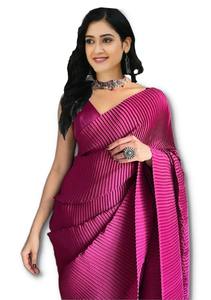 Sari Rosa Diseñador Indio Bollywood Satén Estilo Aplastado Exclusivo Fancy Última moda Premium Sari Exportación Boutique India - Product Image 3