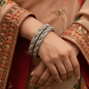 Silver Color Lac Fashion Bangle Set with Champagne Rhinestones - Product Image 1