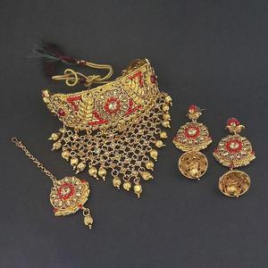 Kriaa Bridal Jewelry <b>Set</b> 1113662-Red Austrian Stone Choker Necklace with Maang Tikka <b>Gold</b> Plated Zircon Main Stone - Product Image 1