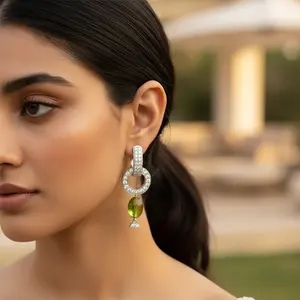 Women's Silver Tassel Dangle <b>Earrings</b> with <b>Green</b> Pearl Stone Trendy Vintage Religious Fashion Jewelry for Parties - Product Image 1