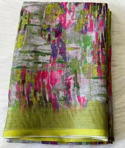 Zari sınır ve dijital baskı ile basılmış yeni % etnik giyim pamuk astar rahat ve günlük giyim Sari için güzel desen Sari