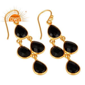 Vente chaude en argent sterling plaqué or 18 carats naturel noir onyx pierres précieuses lustre boucle d'oreille fabricant de bijoux personnalisés - Product Image 2