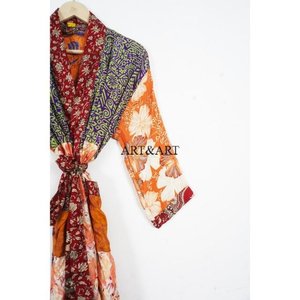 Indian Silk Elegant Soft Kimono Patchwork Boho Floral Design Long Beach Cover-Up Summer Cardigan Women's <b>Night</b> Wear Sleepwear - Product Image 3