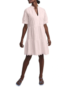Vestido de Algodón Transparente con Ojales, Corte en A, Manga Corta, Ajuste Regular, Cuello en V, Detalle Bordado, Largo por Encima de la Rodilla - Product Image 1
