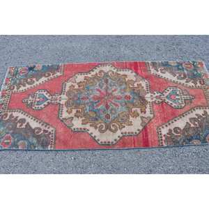 Alfombra de lana turca Vintage de 3,2x7,4 pies, tejido plano rojo y azul de retazos para decoraciones de sala de estar, respaldo de látex - Product Image 4