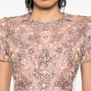 Robe de soirée longue en mousseline de soie, coupe trapèze, manches courtes, col rond, antistatique, pour mariage, bal de promo, avec slip - Product Image 1