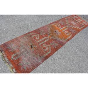 Tapis plat vintage en laine orange beige de 2,7x9 pieds, motif patchwork turc pour décoration de salon, largeur de 4m avec support en latex - Product Image 2