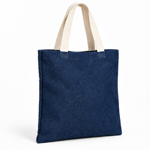 Sac fourre-tout en jute bleu marine 14,5 x 16,5 pouces avec poignées crème, sac plat, logo personnalisé, vente en gros - Product Image 1