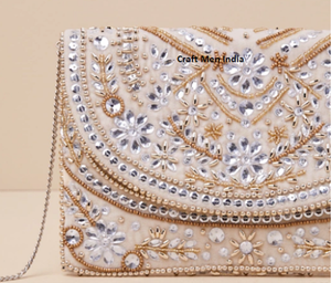 Bridal Sparkling Floral Embroidery Flap <b>Clutch</b> <b>Bag</b> with Beads <b>for</b> <b>Wedding</b> Party Use Sling Handbag From India - Product Image 1