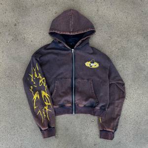 Trendy Fashion Acid Wash Zip Up Hoodie Retro Gothic Graphic Print Sweatshirt High Quality Oversized <b>Men</b> Clothing High Quality - Product Image 5