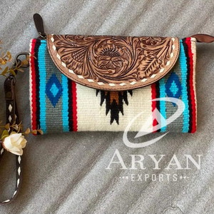 Handmade Aztec Tooled Leather Clutch Stylish <b>Women</b> <b>Saddle</b> Blanket Leather Wallets High Quality Tooled Leather Wristlet Clutch - Product Image 1
