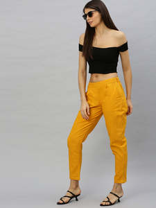 Pantalon en coton slub moutarde respirant pour femmes, conçu pour un ajustement régulier, confort décontracté, adapté au port quotidien, au bureau, aux voyages - Product Image 4