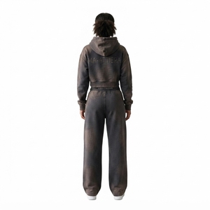 Custom <b>Women</b> Acid Wash Dark Brown Cropped Hoodie Wide Leg <b>Jogger</b> Set Cotton <b>Fleece</b> Streetwear Tracksuit OEM Wholesale - Product Image 2