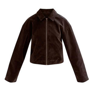 Blouson bomber plissé zippé en laine kaki avec col en V, coupe ample et décontractée, texture luxueuse imitation, imperméable, style streetwear urbain - Product Image 1