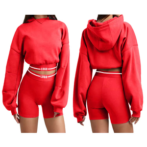 Conjuntos de mujer de calidad premium Crop Top Sudadera con capucha y mallas cortas Chándal de dos piezas para mujer - Product Image 4