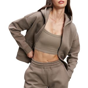 Sweat à capuche zippé pour femmes avec brosse légère dos polaire coupe régulière longueur courte hiver col à capuche pantalons de survêtement à capuche - Product Image 1