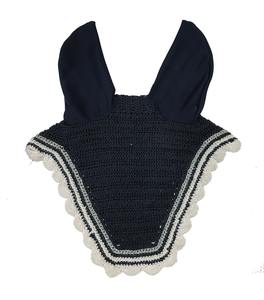 Voile anti-mouches noir en crochet pour cheval, avec couvre-oreilles bleu marine et bordure argentée, rembourrage doux, bonnet équestre fait main de haute qualité pour l'équitation et l'entraînement - Product Image 1